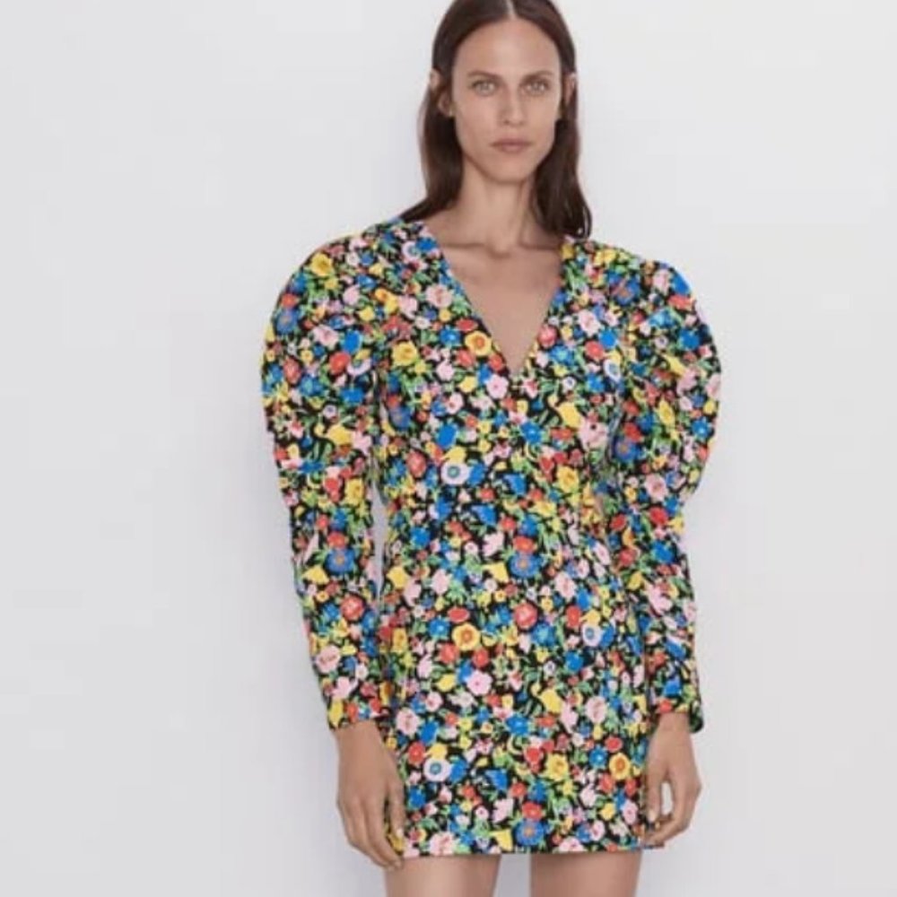 Zara Printed Mini Dress With Puff Sleeves